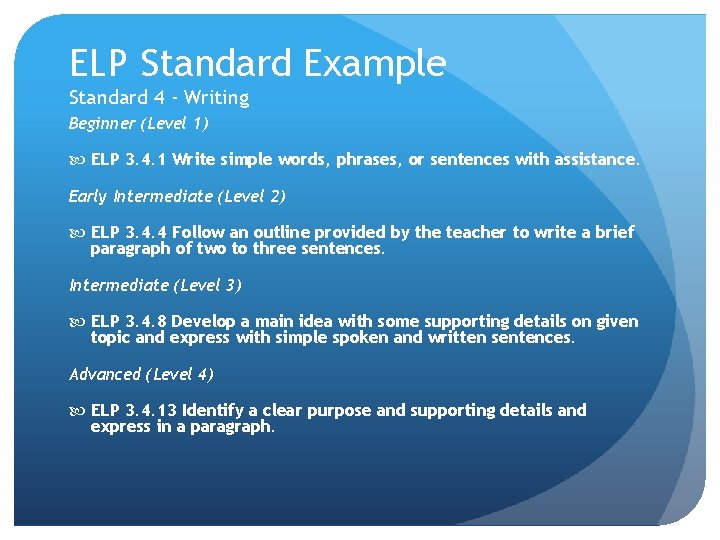 ELP Standard Example Standard 4 - Writing Beginner (Level 1) ELP 3. 4. 1