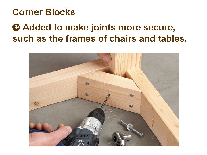 Corner Blocks Added to make joints more secure, such as the frames of chairs
