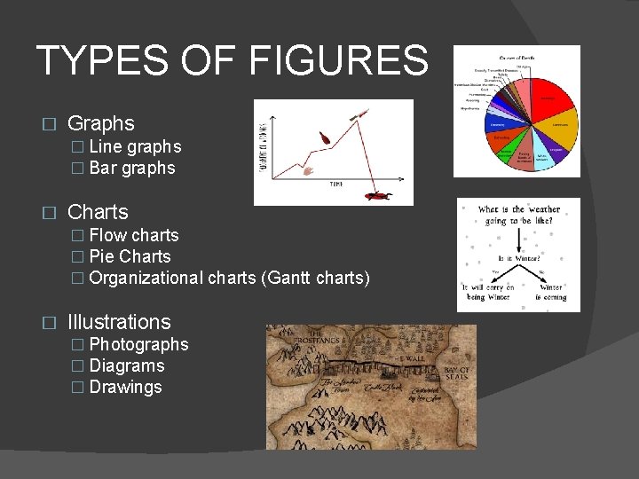 TYPES OF FIGURES � Graphs � Line graphs � Bar graphs � Charts � TYPES OF FIGURES � Graphs � Line graphs � Bar graphs � Charts �