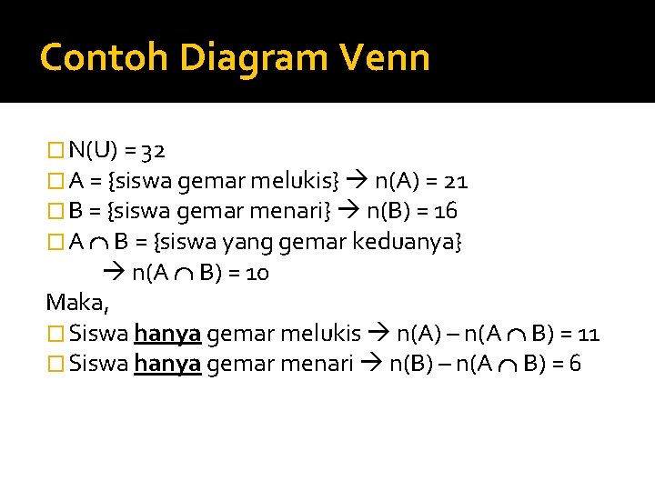 Contoh Diagram Venn � N(U) = 32 � A = {siswa gemar melukis} n(A)