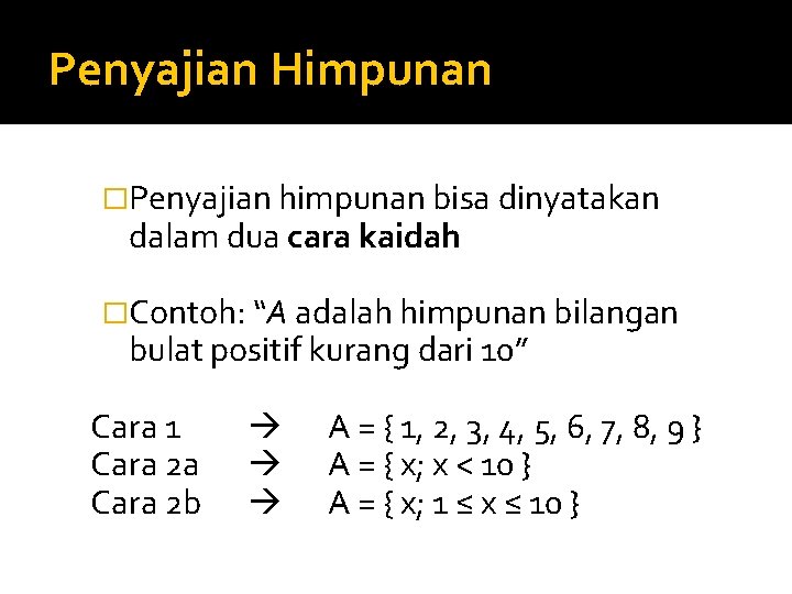 Penyajian Himpunan �Penyajian himpunan bisa dinyatakan dalam dua cara kaidah �Contoh: “A adalah himpunan