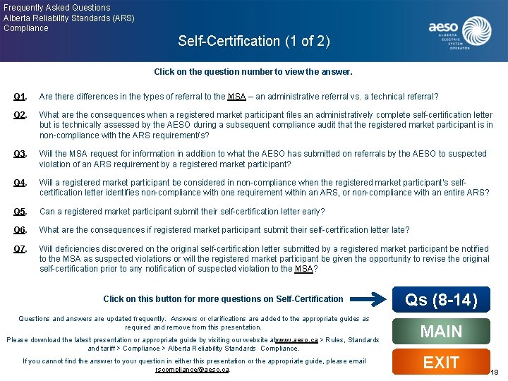 Frequently Asked Questions Alberta Reliability Standards (ARS) Compliance Self-Certification (1 of 2) Click on