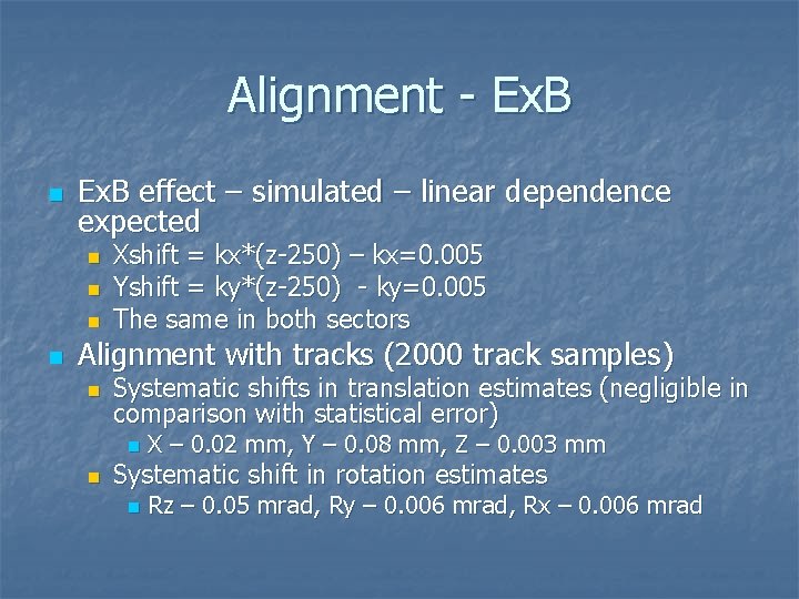 Alignment - Ex. B n Ex. B effect – simulated – linear dependence expected