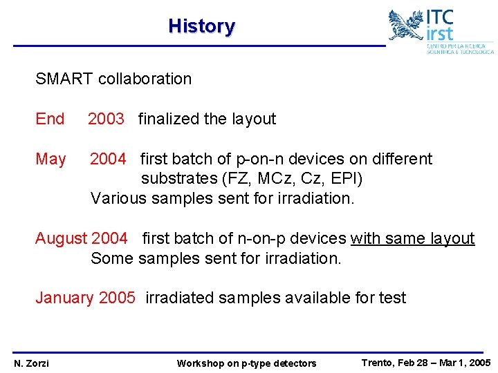 History SMART collaboration End 2003 finalized the layout May 2004 first batch of p-on-n