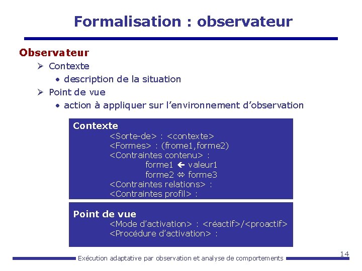 Formalisation : observateur Observateur Ø Contexte • description de la situation Ø Point de