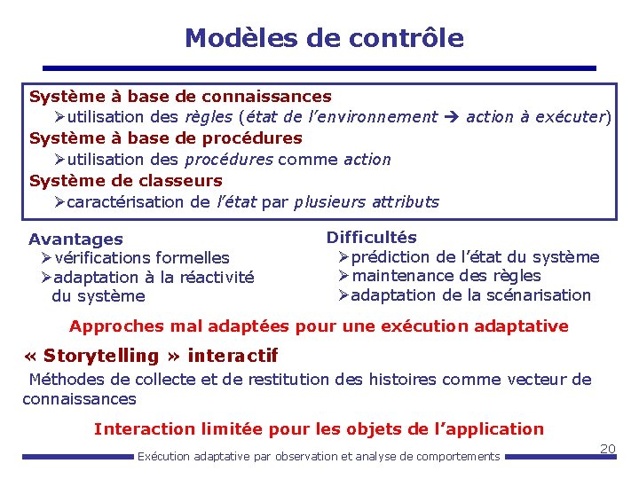 Modèles de contrôle Système à base de connaissances Øutilisation des règles (état de l’environnement