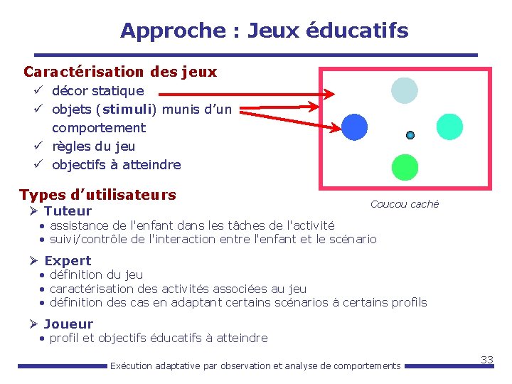 Approche : Jeux éducatifs Caractérisation des jeux ü décor statique ü objets (stimuli) munis