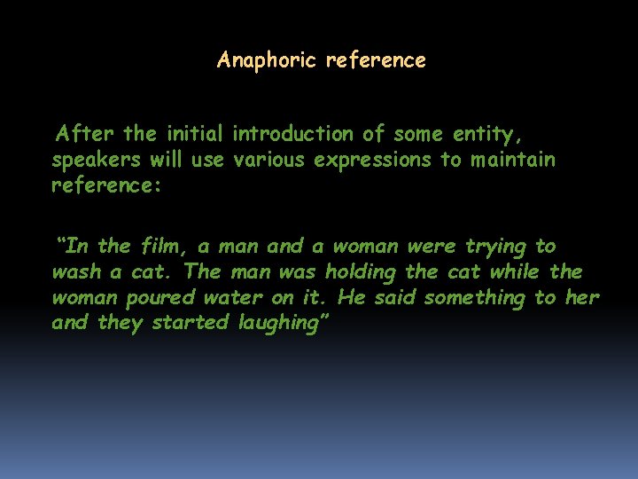 Anaphoric reference After the initial introduction of some entity, speakers will use various expressions Anaphoric reference After the initial introduction of some entity, speakers will use various expressions