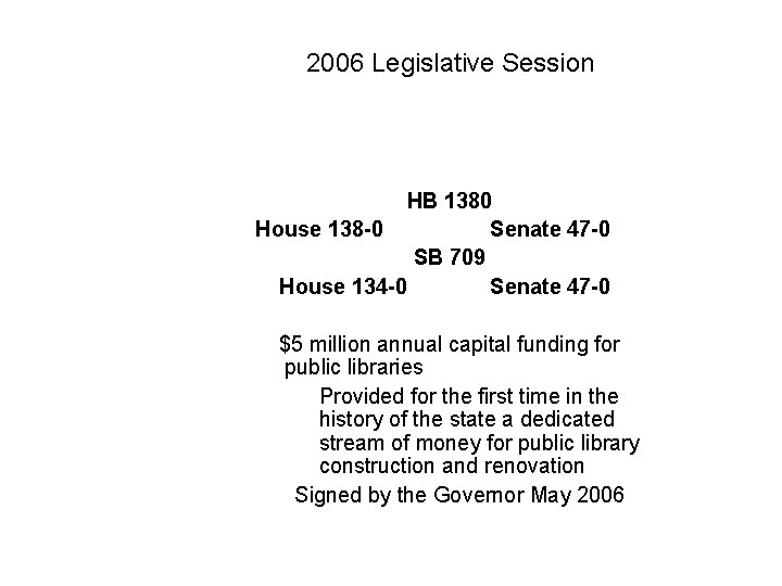 2006 Legislative Session HB 1380 House 138 -0 Senate 47 -0 SB 709 House