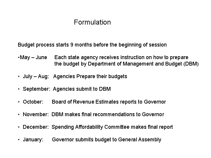 Formulation Budget process starts 9 months before the beginning of session • May –