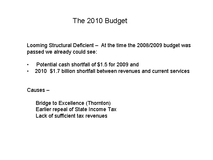 The 2010 Budget Looming Structural Deficient – At the time the 2008/2009 budget was