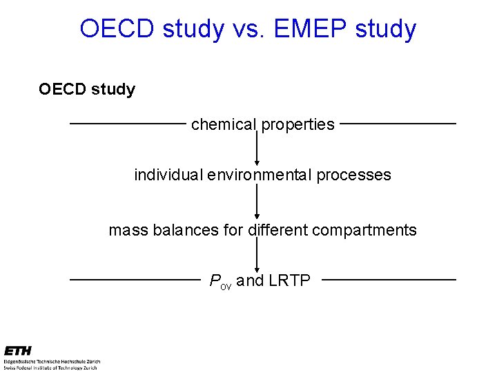 OECD study vs. EMEP study OECD study chemical properties individual environmental processes mass balances
