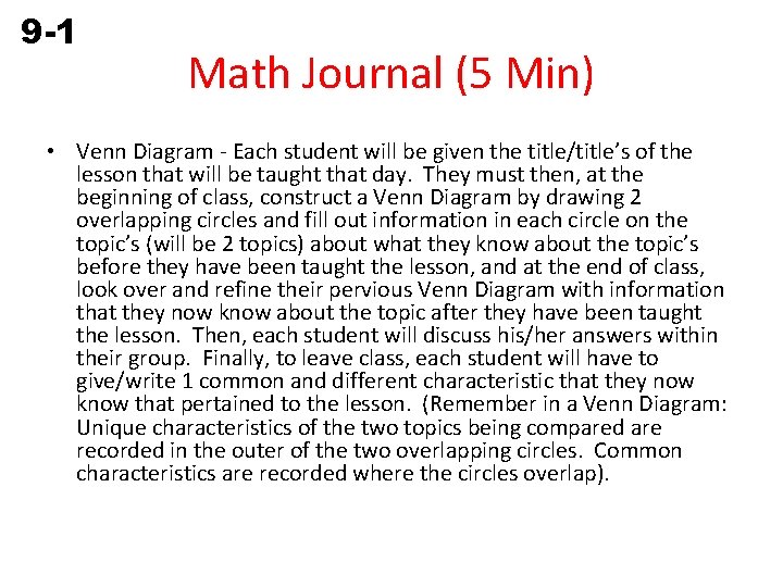 9 -1 Perimeter and Circumference Math Journal (5 Min) • Venn Diagram - Each
