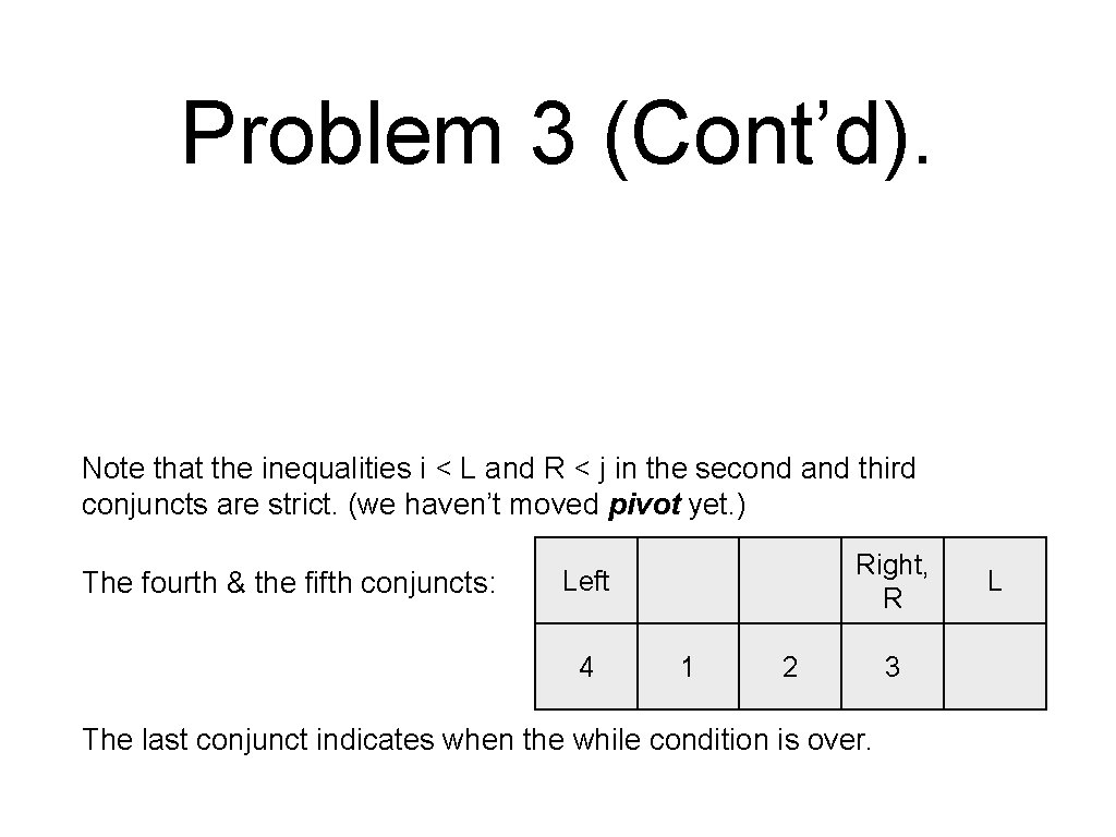 Problem 3 (Cont’d). Note that the inequalities i < L and R < j