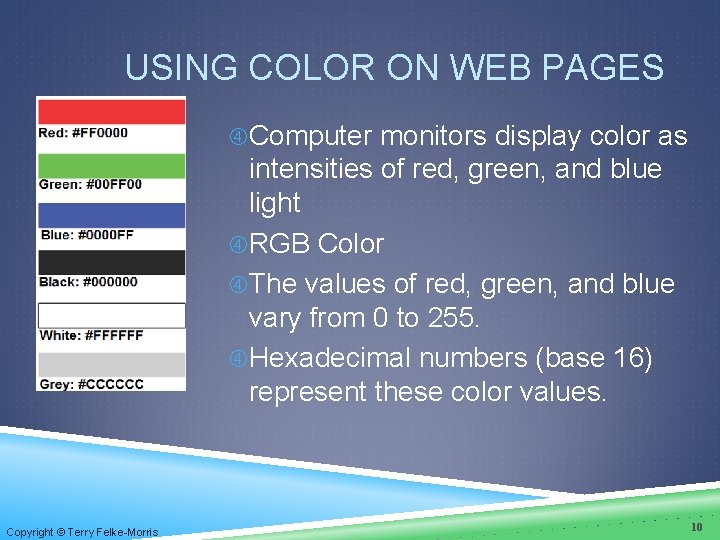 USING COLOR ON WEB PAGES Computer monitors display color as intensities of red, green, USING COLOR ON WEB PAGES Computer monitors display color as intensities of red, green,