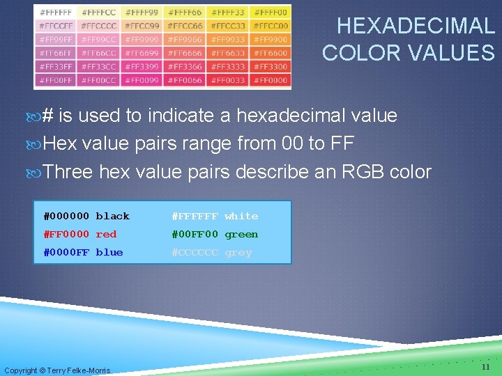 HEXADECIMAL COLOR VALUES # is used to indicate a hexadecimal value Hex value pairs HEXADECIMAL COLOR VALUES # is used to indicate a hexadecimal value Hex value pairs