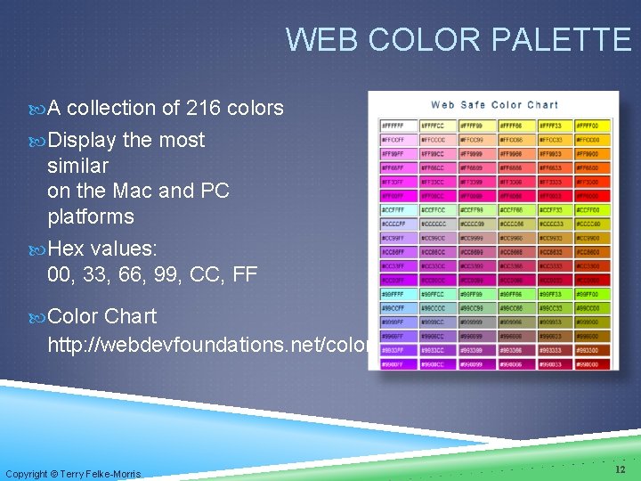 WEB COLOR PALETTE A collection of 216 colors Display the most similar on the WEB COLOR PALETTE A collection of 216 colors Display the most similar on the