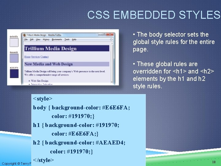 CSS EMBEDDED STYLES • The body selector sets the global style rules for the CSS EMBEDDED STYLES • The body selector sets the global style rules for the
