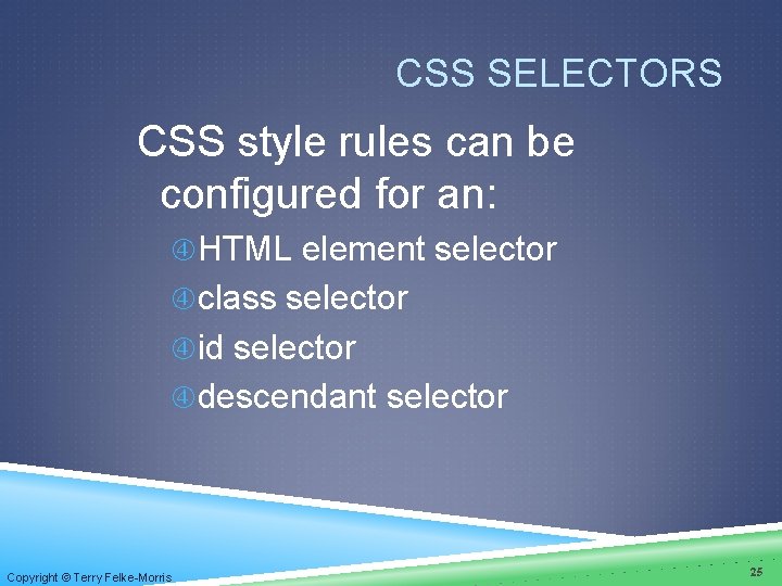 CSS SELECTORS CSS style rules can be configured for an: HTML element selector class CSS SELECTORS CSS style rules can be configured for an: HTML element selector class