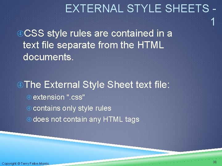 EXTERNAL STYLE SHEETS 1 CSS style rules are contained in a text file separate EXTERNAL STYLE SHEETS 1 CSS style rules are contained in a text file separate