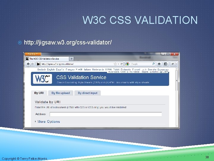 W 3 C CSS VALIDATION http: //jigsaw. w 3. org/css-validator/ Copyright © Terry Felke-Morris W 3 C CSS VALIDATION http: //jigsaw. w 3. org/css-validator/ Copyright © Terry Felke-Morris