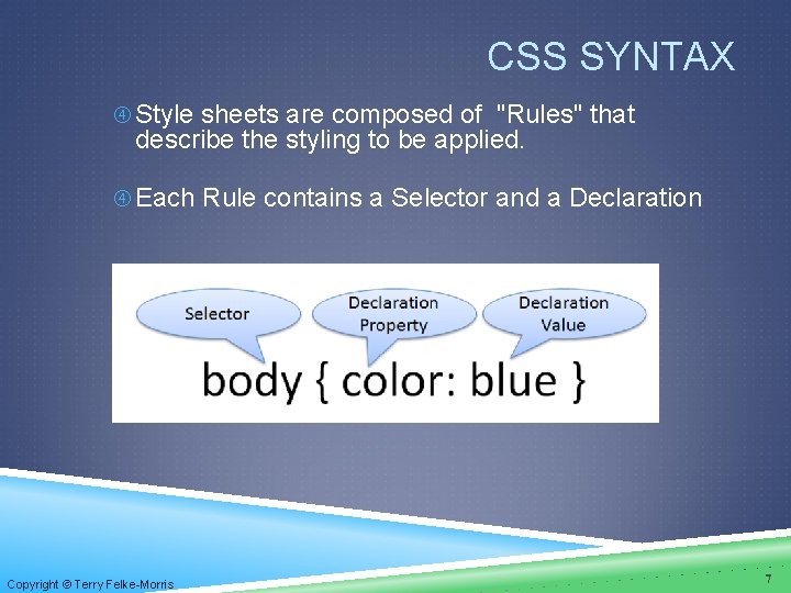 CSS SYNTAX Style sheets are composed of "Rules" that describe the styling to be CSS SYNTAX Style sheets are composed of "Rules" that describe the styling to be
