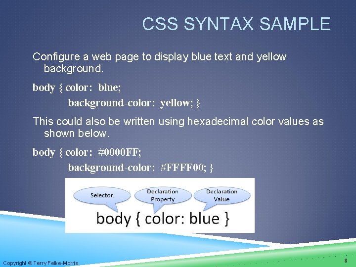 CSS SYNTAX SAMPLE Configure a web page to display blue text and yellow background. CSS SYNTAX SAMPLE Configure a web page to display blue text and yellow background.