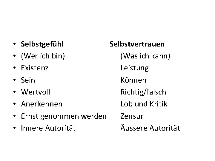  • • Selbstgefühl Selbstvertrauen (Wer ich bin) (Was ich kann) Existenz Leistung Sein