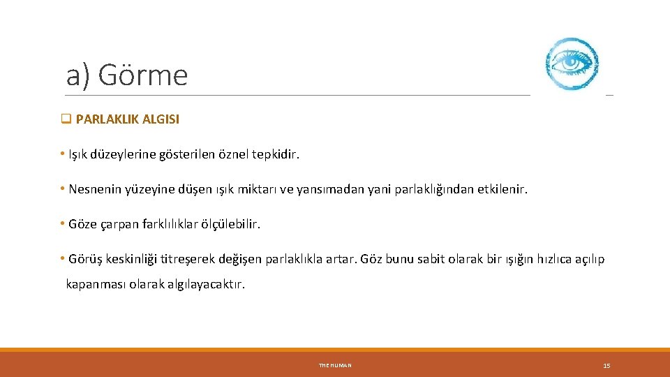 a) Görme q PARLAKLIK ALGISI • Işık düzeylerine gösterilen öznel tepkidir. • Nesnenin yüzeyine