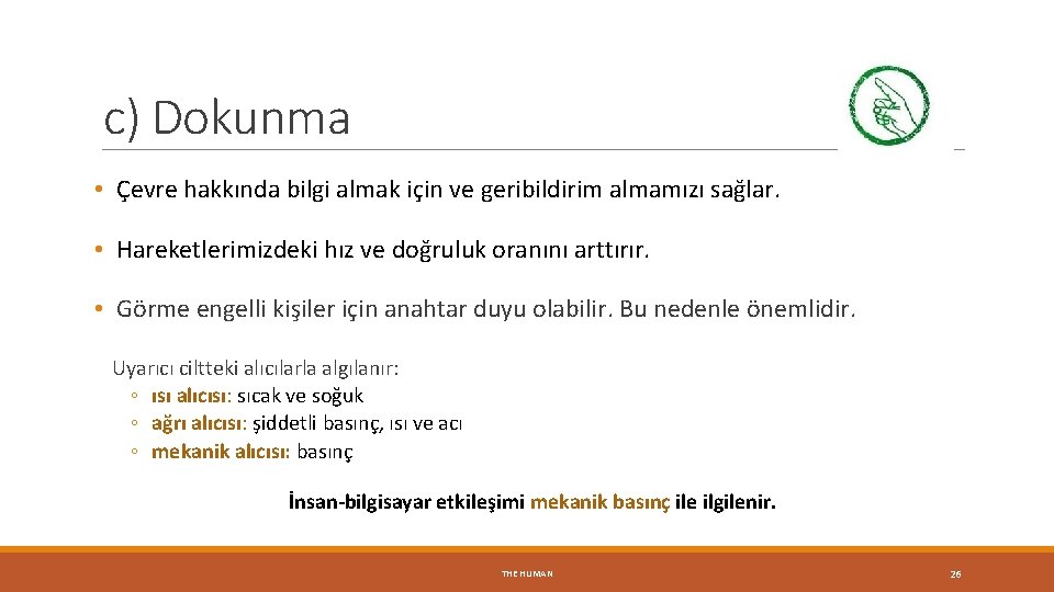 c) Dokunma • Çevre hakkında bilgi almak için ve geribildirim almamızı sağlar. • Hareketlerimizdeki