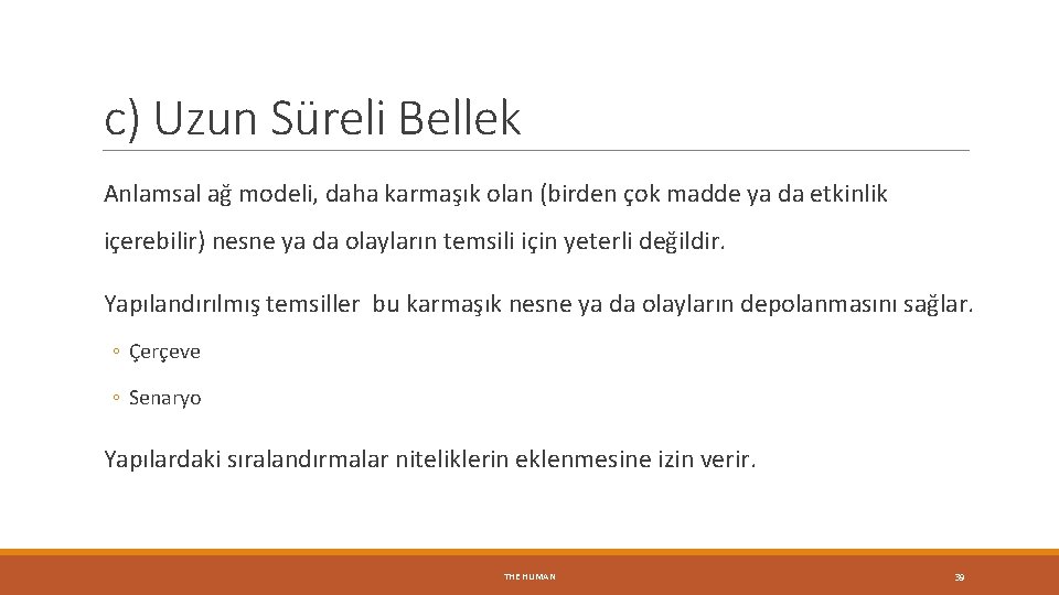 c) Uzun Süreli Bellek Anlamsal ağ modeli, daha karmaşık olan (birden çok madde ya