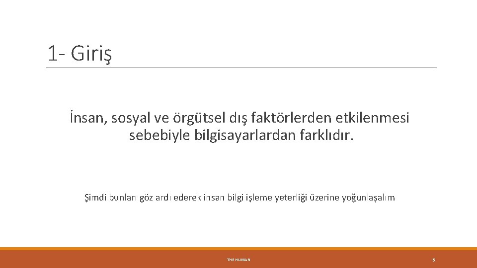 1 - Giriş İnsan, sosyal ve örgütsel dış faktörlerden etkilenmesi sebebiyle bilgisayarlardan farklıdır. Şimdi