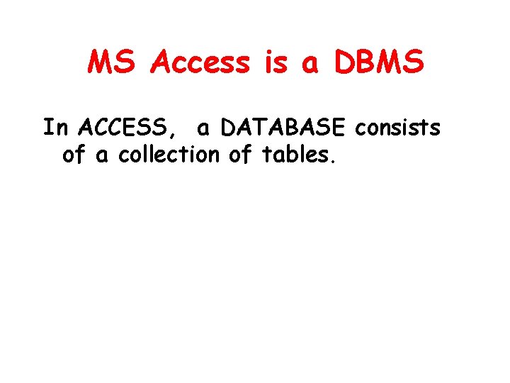MS Access is a DBMS In ACCESS, a DATABASE consists of a collection of