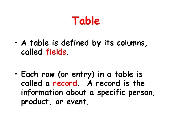 Table • A table is defined by its columns, called fields. • Each row