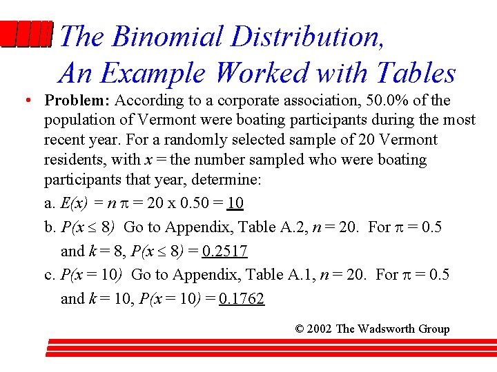 The Binomial Distribution, An Example Worked with Tables • Problem: According to a corporate
