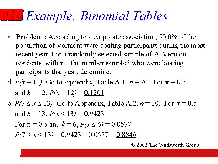 Example: Binomial Tables • Problem : According to a corporate association, 50. 0% of