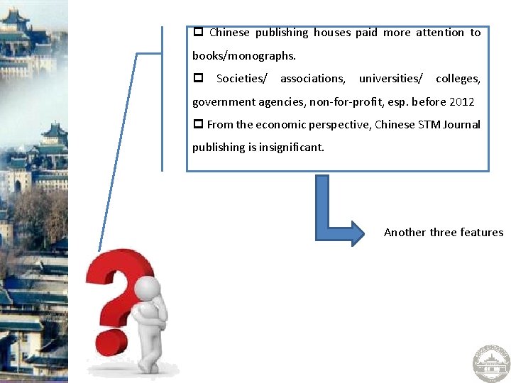 p Chinese publishing houses paid more attention to books/monographs. p Societies/ associations, universities/ colleges,