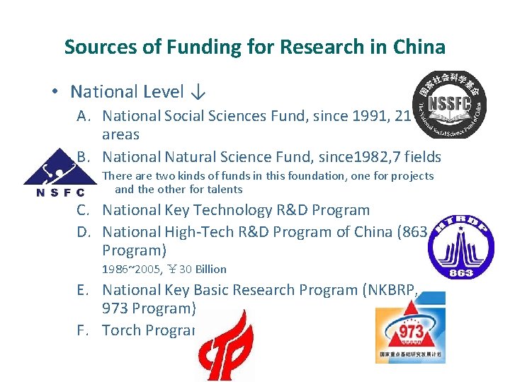 Sources of Funding for Research in China • National Level ↓ A. National Social