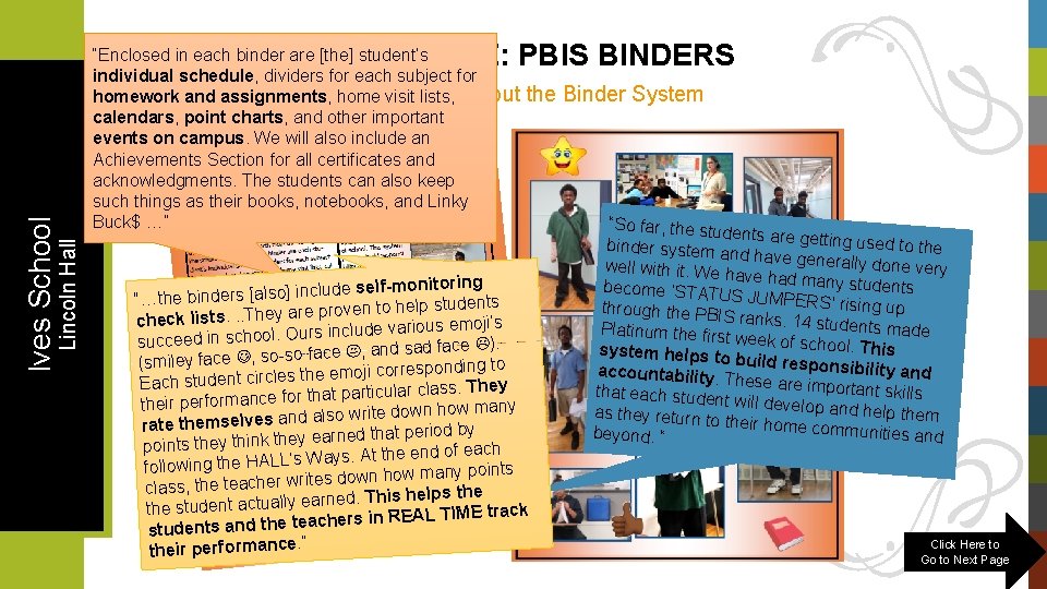 Lincoln Hall Ives School CHANGED PRACTICE: PBIS BINDERS “Enclosed in each binder are [the]