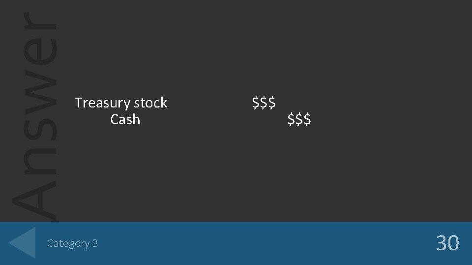 Answer Treasury stock Cash Category 3 $$$ 30 