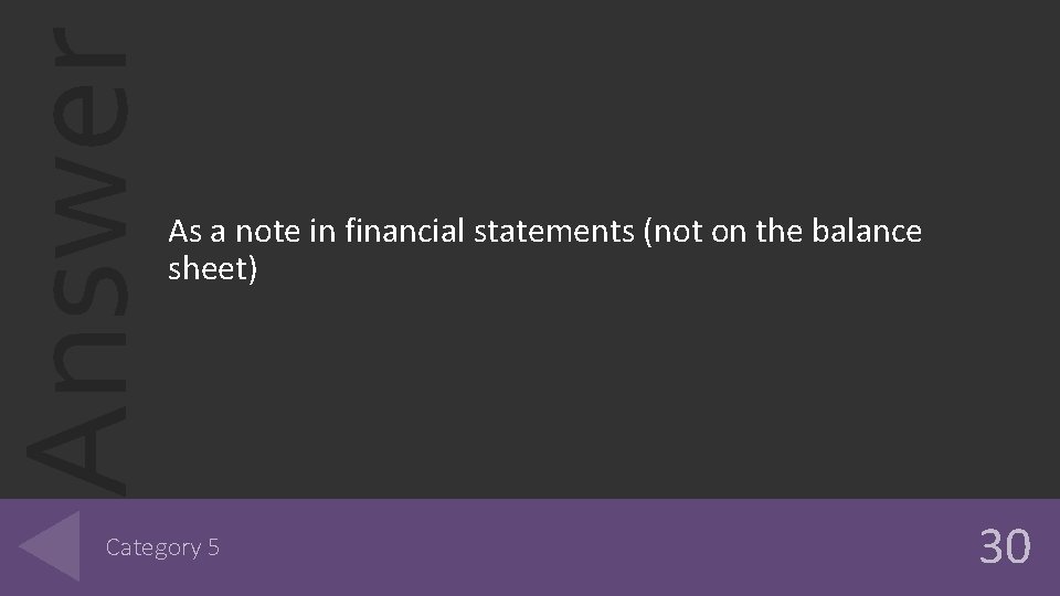 Answer As a note in financial statements (not on the balance sheet) Category 5