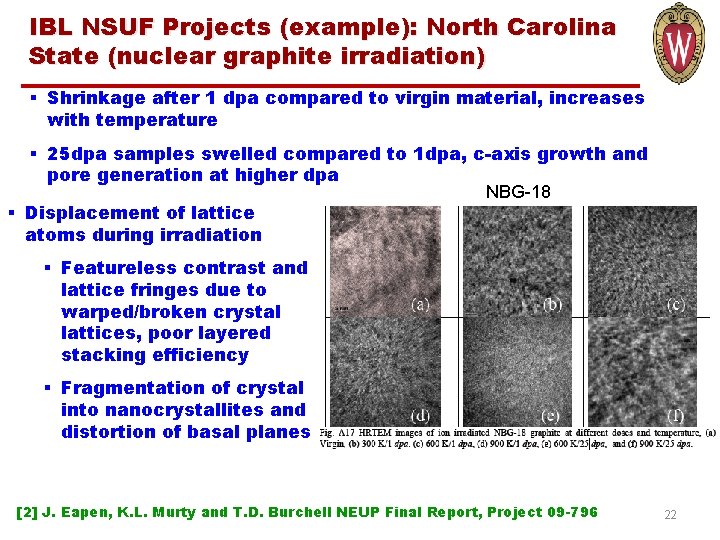 IBL NSUF Projects (example): North Carolina State (nuclear graphite irradiation) § Shrinkage after 1