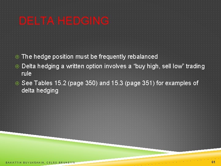 DELTA HEDGING The hedge position must be frequently rebalanced Delta hedging a written option