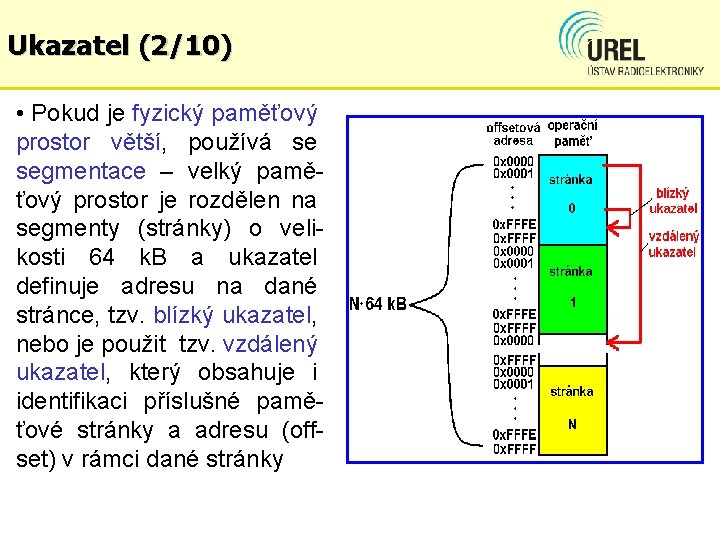 Ukazatel (2/10) • Pokud je fyzický paměťový prostor větší, používá se segmentace – velký