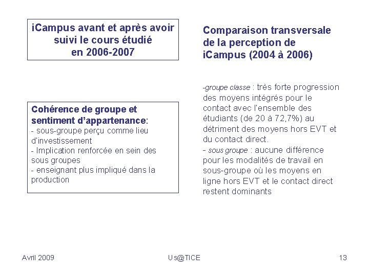i. Campus avant et après avoir suivi le cours étudié en 2006 -2007 Comparaison