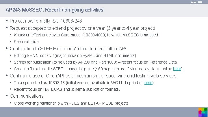 January 2020 AP 243 Mo. SSEC: Recent / on-going activities • Project now formally January 2020 AP 243 Mo. SSEC: Recent / on-going activities • Project now formally