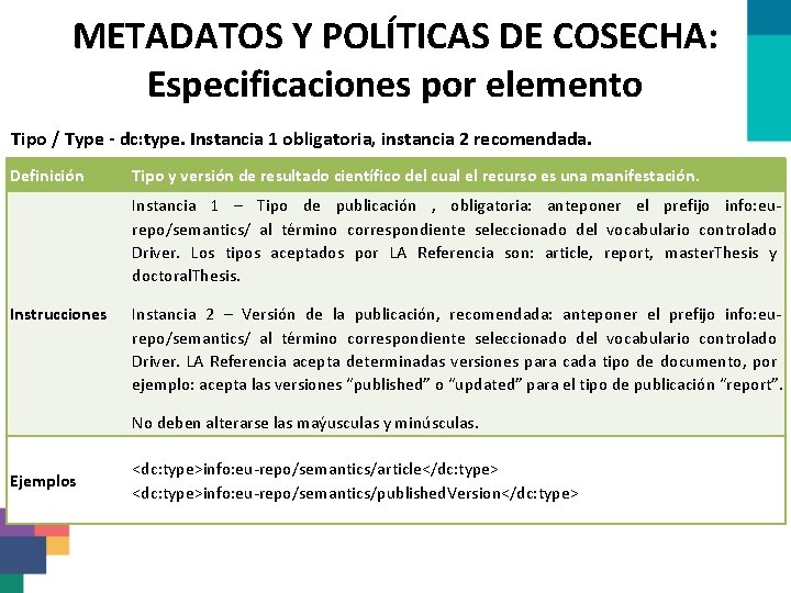 METADATOS Y POLÍTICAS DE COSECHA: Especificaciones por elemento Tipo / Type - dc: type.