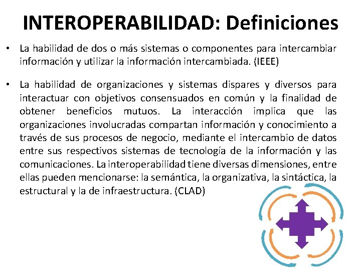 INTEROPERABILIDAD: Definiciones • La habilidad de dos o más sistemas o componentes para intercambiar