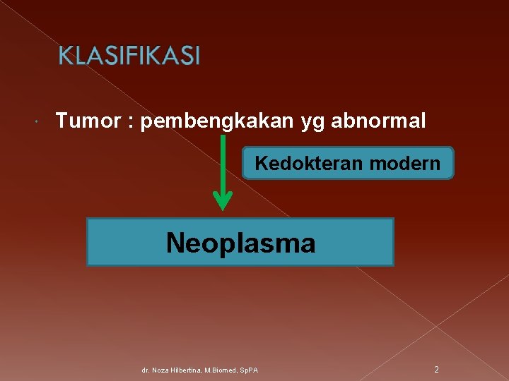  Tumor : pembengkakan yg abnormal Kedokteran modern Neoplasma dr. Noza Hilbertina, M. Biomed,