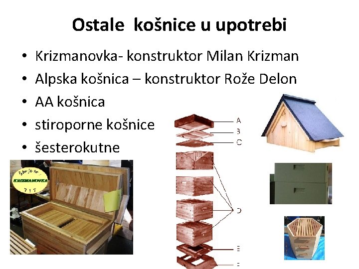 Ostale košnice u upotrebi • • • Krizmanovka- konstruktor Milan Krizman Alpska košnica –